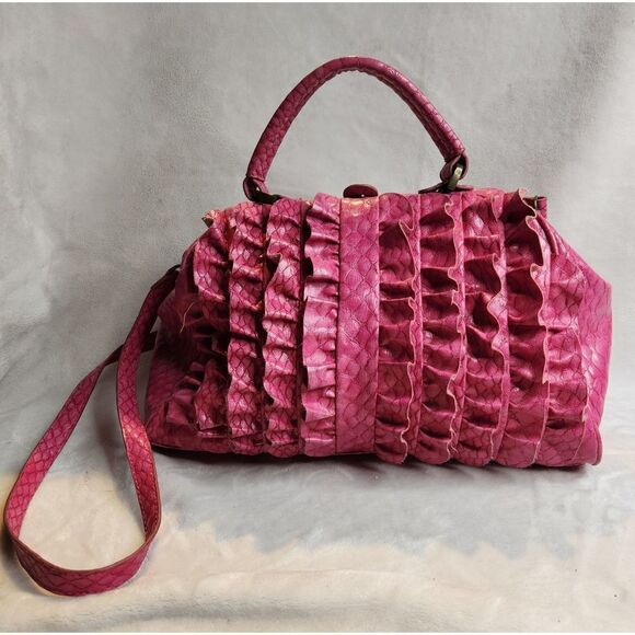 Jessica Simpson Hot Pink Vegan Leather Croc Embossed Ruffled Doctor Bag Purse - Picture 1 of 12